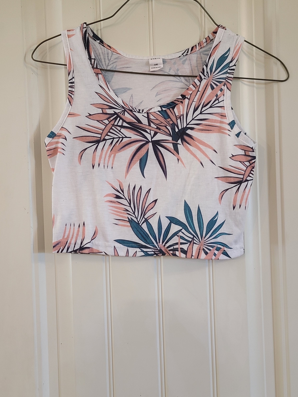 SHEIN White Tropical Crop Tank Top with Pink & Teal Leaves Girl's Size 8